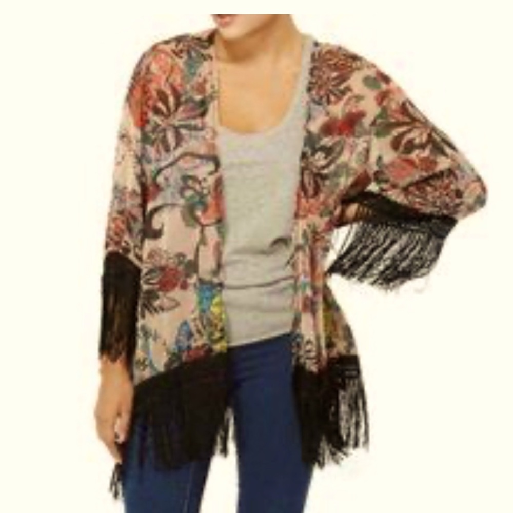 Sans Souci Floral embroidered Fringe Kimono size Large